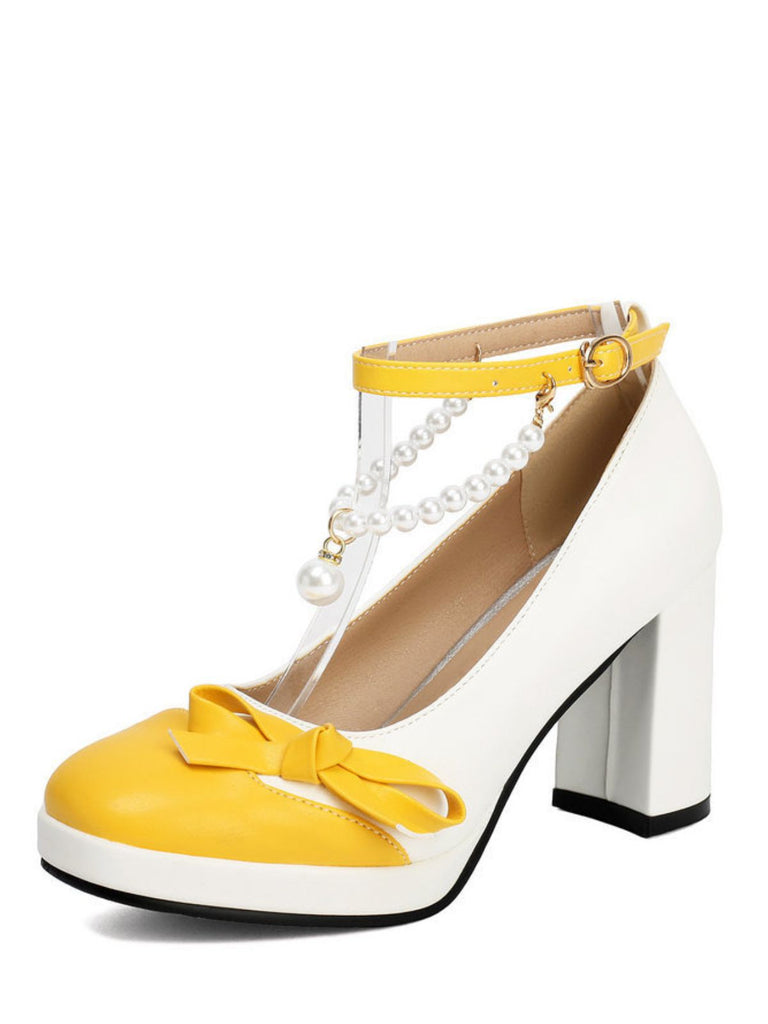 Chaussures à Talon Bloc Bride Cheville Perles Bicolore Nœud