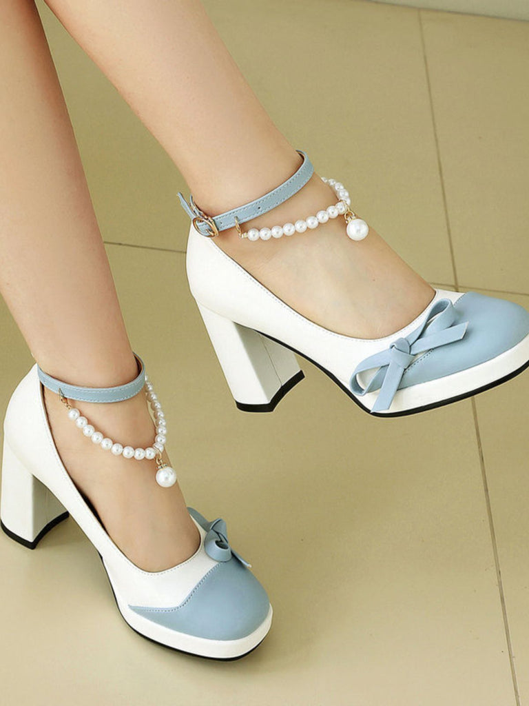 Chaussures à Talon Bloc Bride Cheville Perles Bicolore Nœud