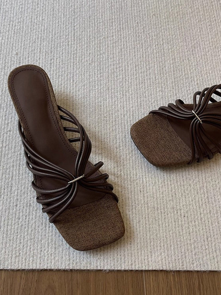 Sandales Mules à Talon Bloc Bout Carré Lanières Vintage