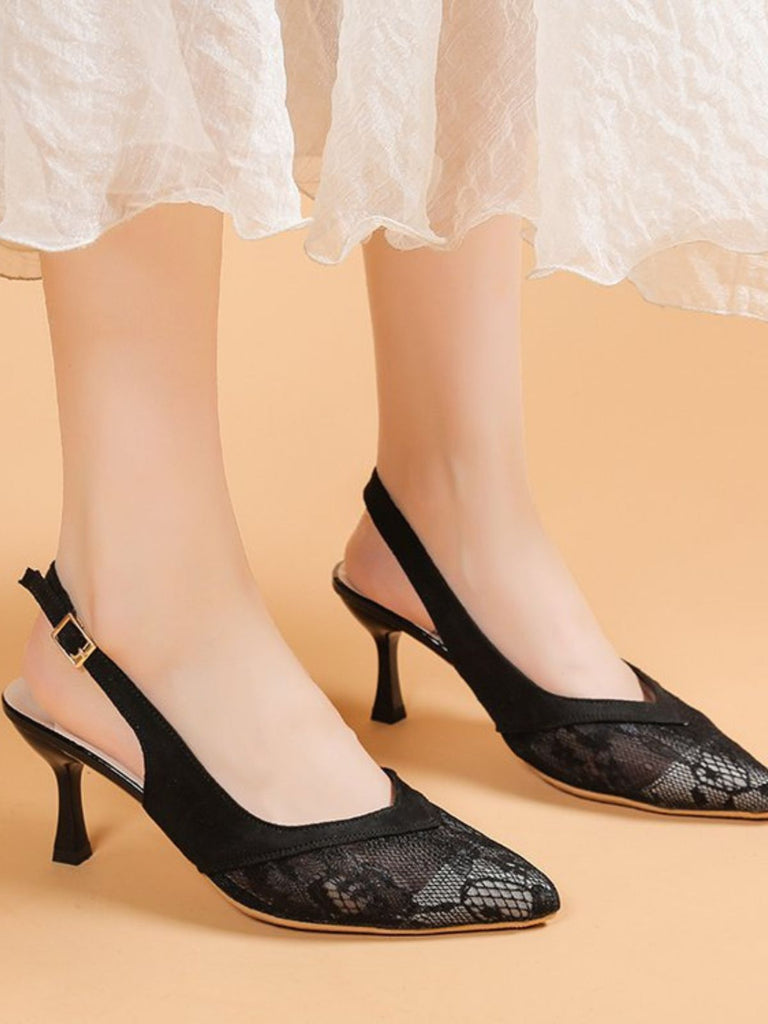 Escarpins Slingback Bout Pointu Dentelle Patchwork Vintage
