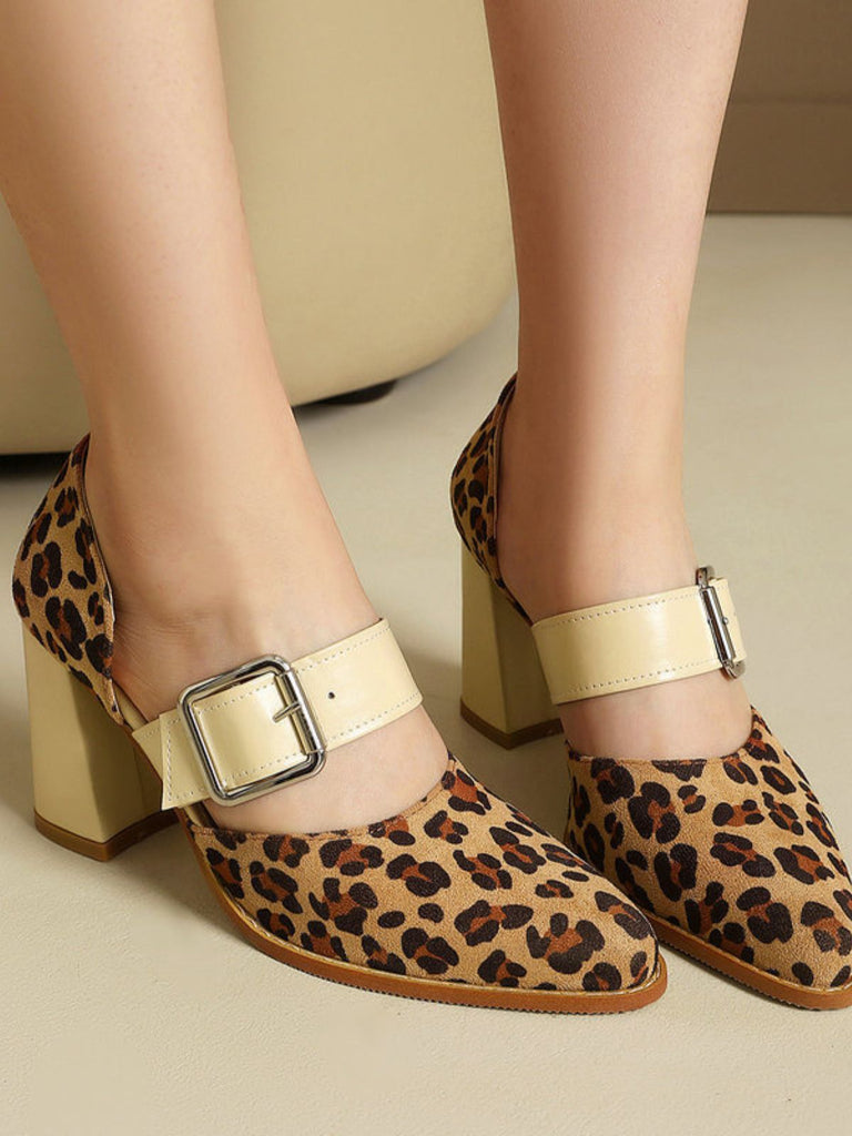 chaussures Léopard Buckle Strap Chunky High Heel Mary Jane Pumps