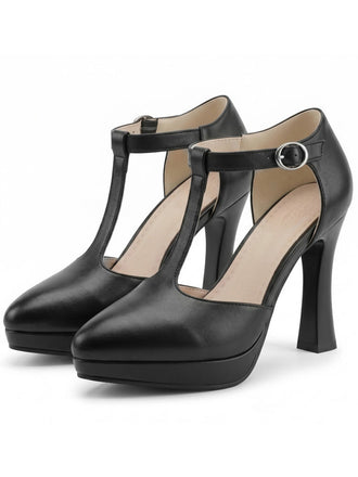 Chaussures à Talon Haut Bride en T Noir Uni