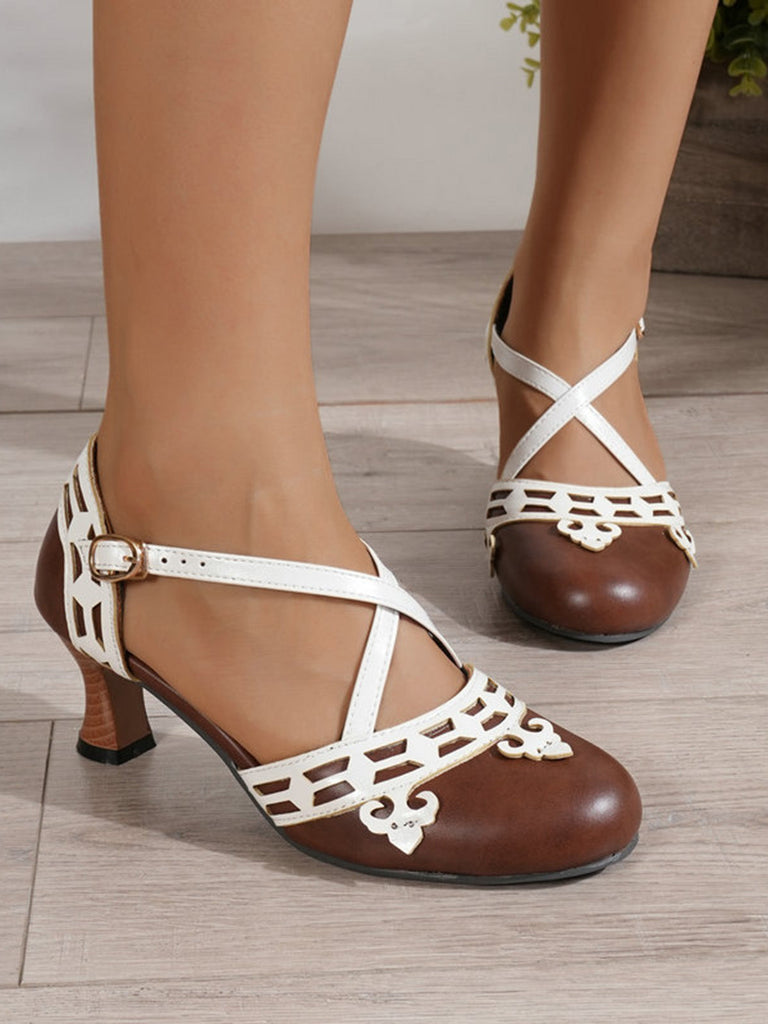 chaussures Bicolore Sangles Croisées Talon Kitten Mary Jane Chaussures 12