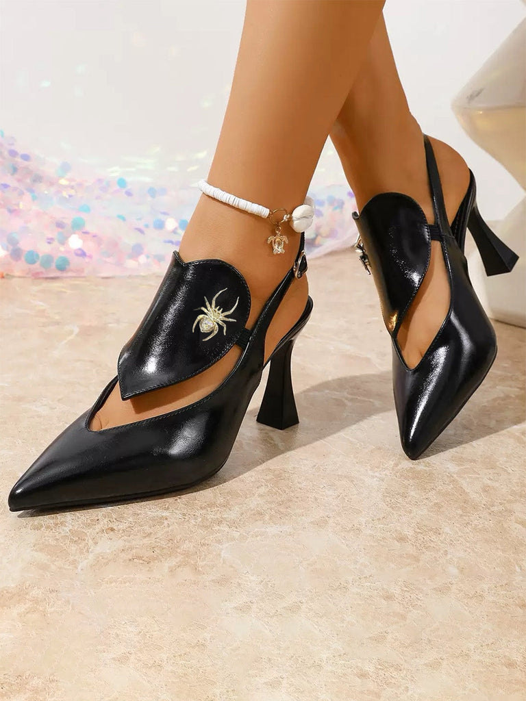 chaussures Noir Pointed Toe Golden Spider Slingback Heels