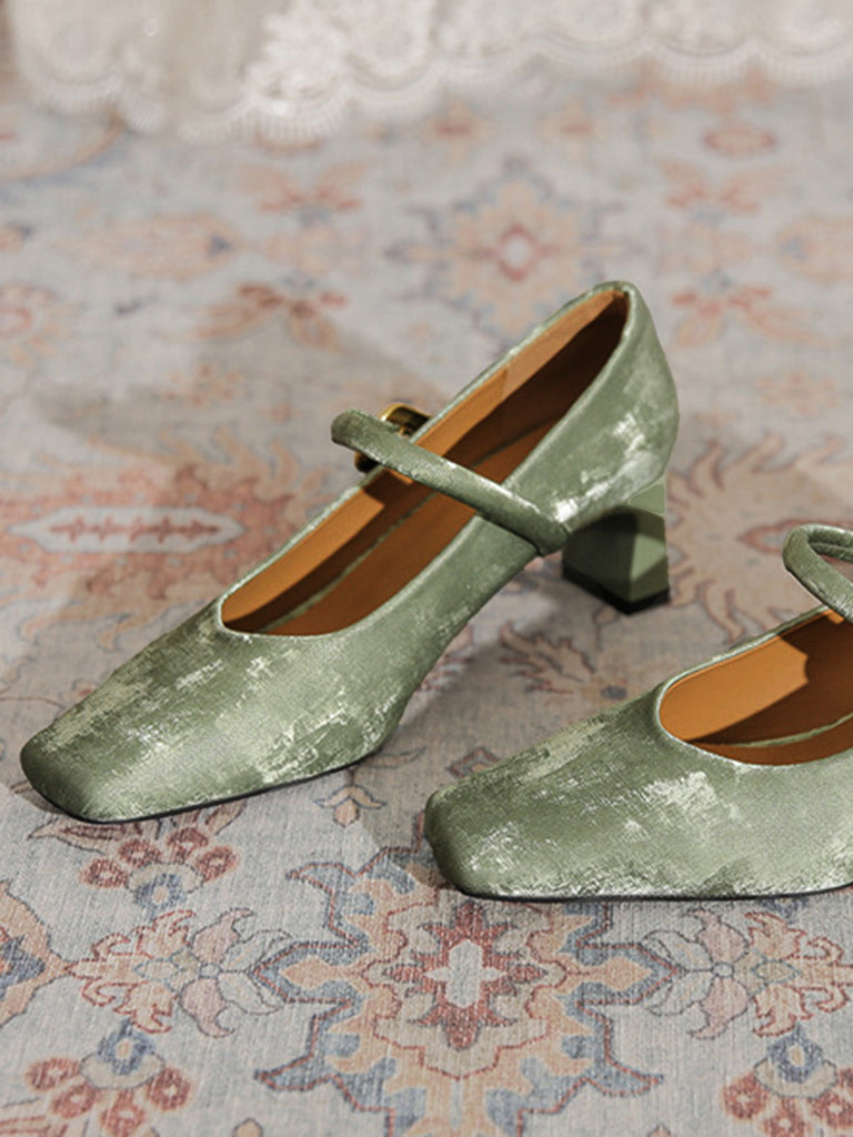 Chaussures Mary Jane à Talon Bloc Boucle Velours Vert