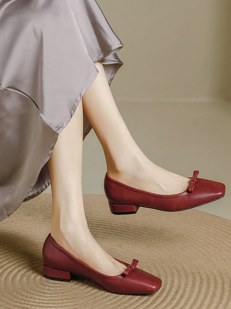 Chaussures Bordeaux Vintage Nœud Bout Carré Enfiler Plates 2