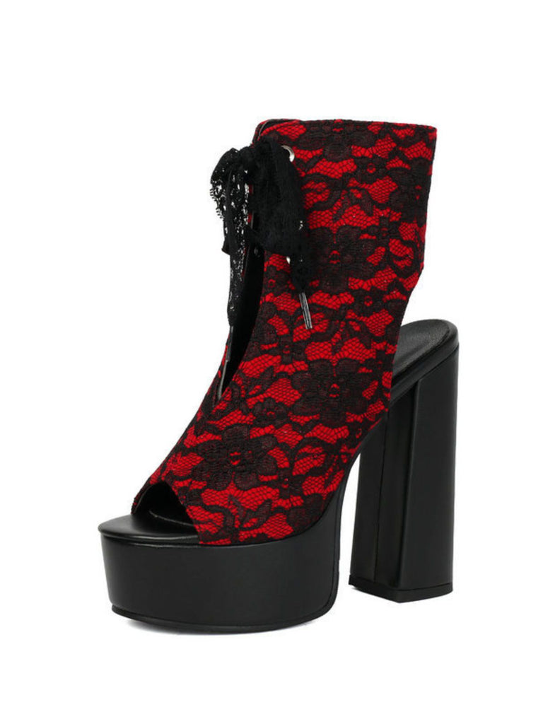 Chaussures à Bout Ouvert et Lacets à Talon Épais en Dentelle