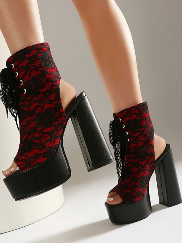 Chaussures à Bout Ouvert et Lacets à Talon Épais en Dentelle