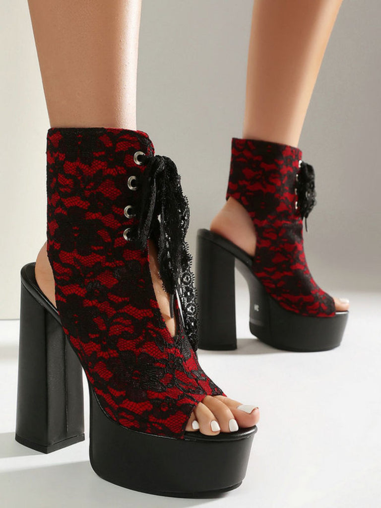 Chaussures à Bout Ouvert et Lacets à Talon Épais en Dentelle