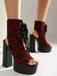 Chaussures à Bout Ouvert et Lacets à Talon Épais en Dentelle