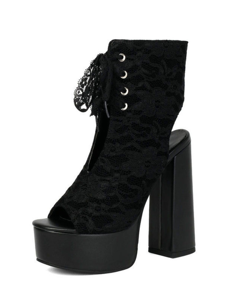 Chaussures à Bout Ouvert et Lacets à Talon Épais en Dentelle