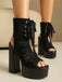 Chaussures à Bout Ouvert et Lacets à Talon Épais en Dentelle