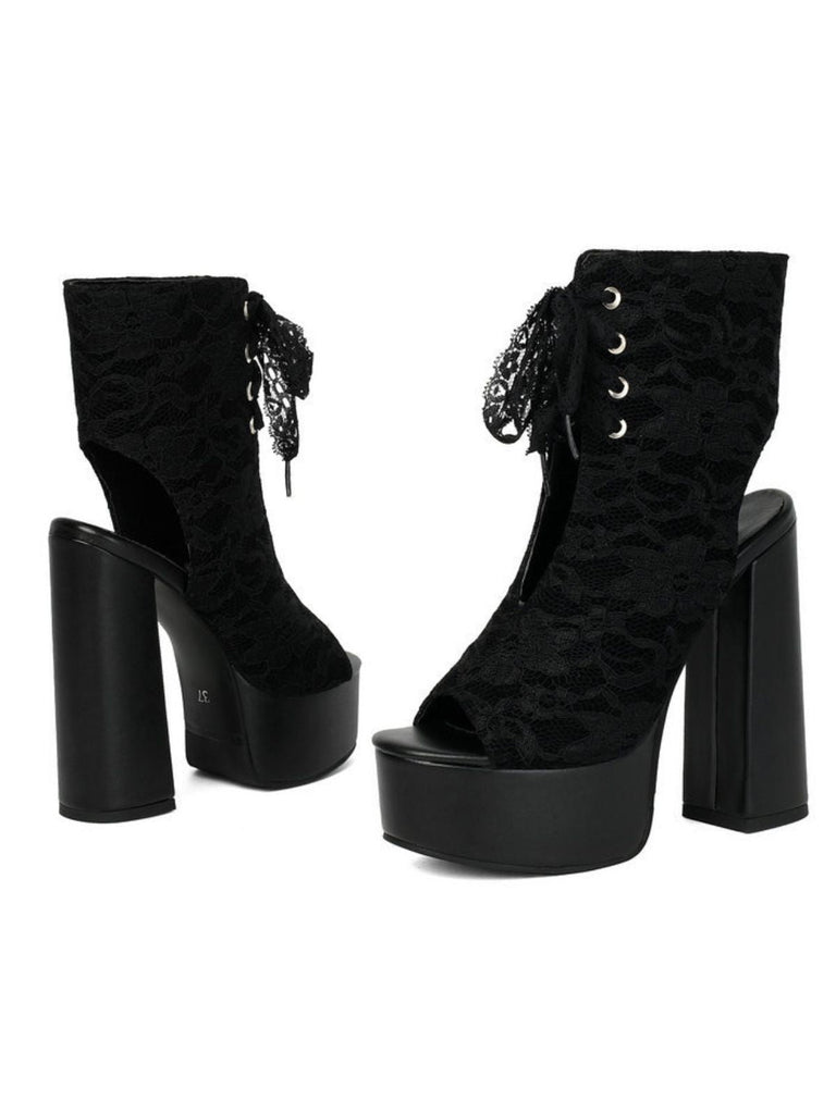 Chaussures à Bout Ouvert et Lacets à Talon Épais en Dentelle