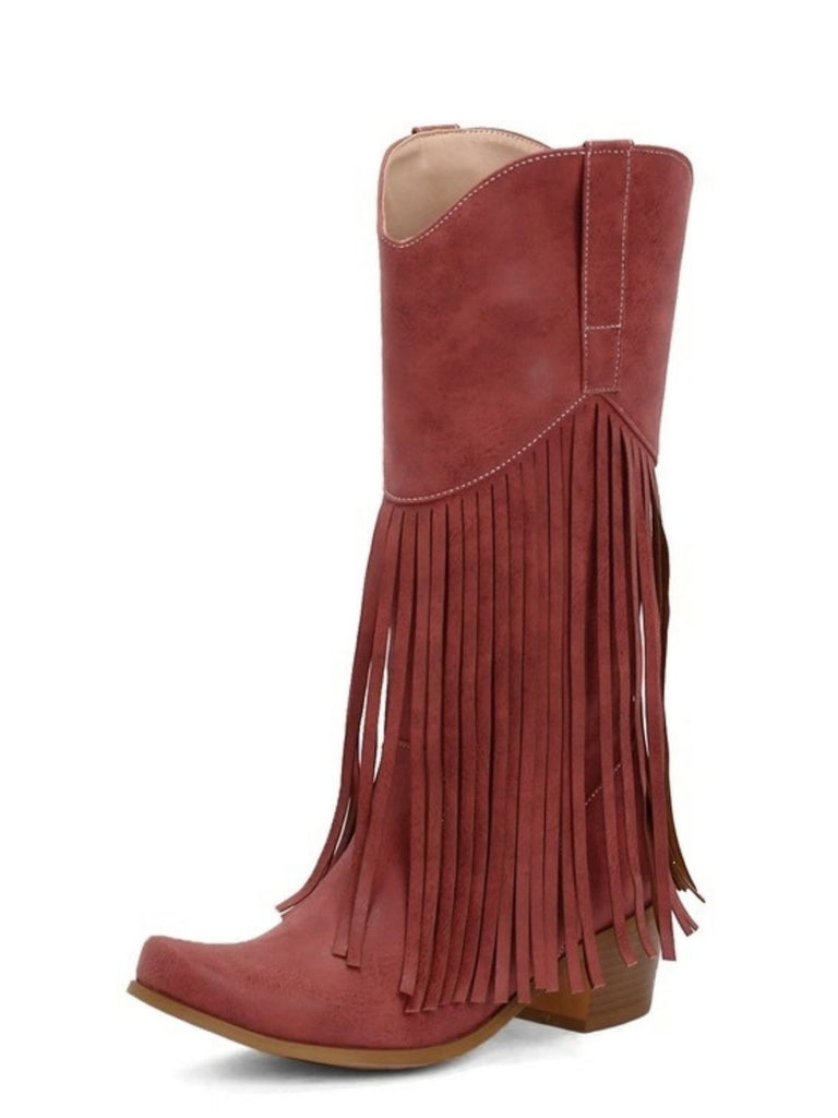 Bottes western bohèmes à franges, talon épais et hauteur mi-mollet