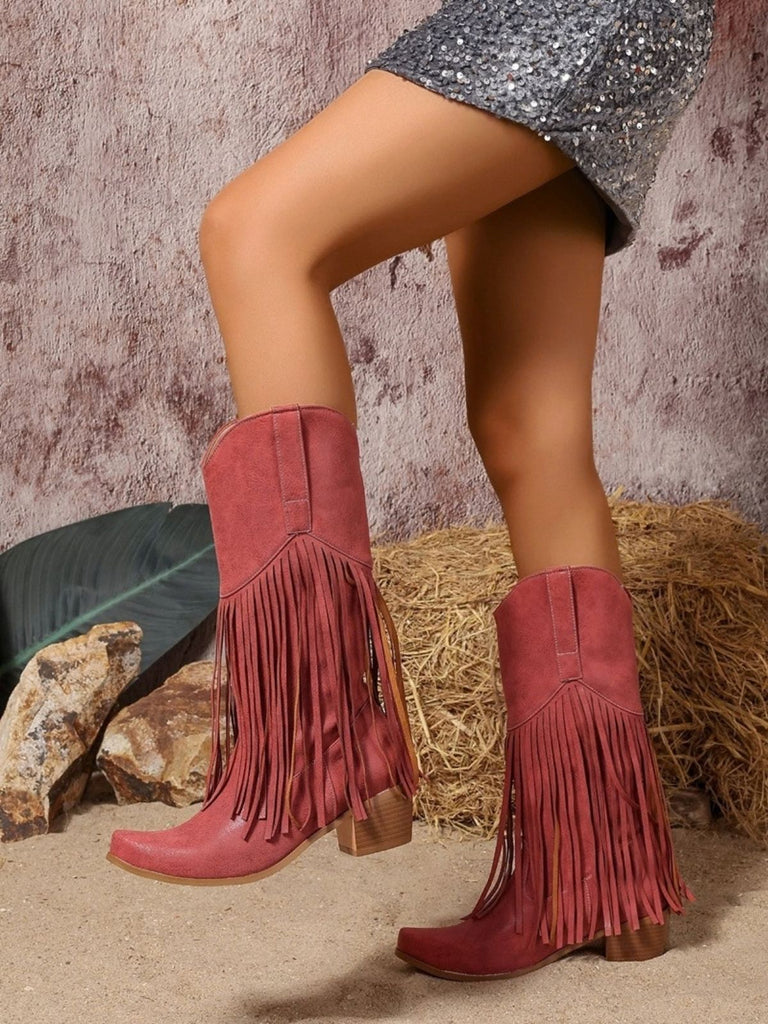 Bottes western bohèmes à franges, talon épais et hauteur mi-mollet