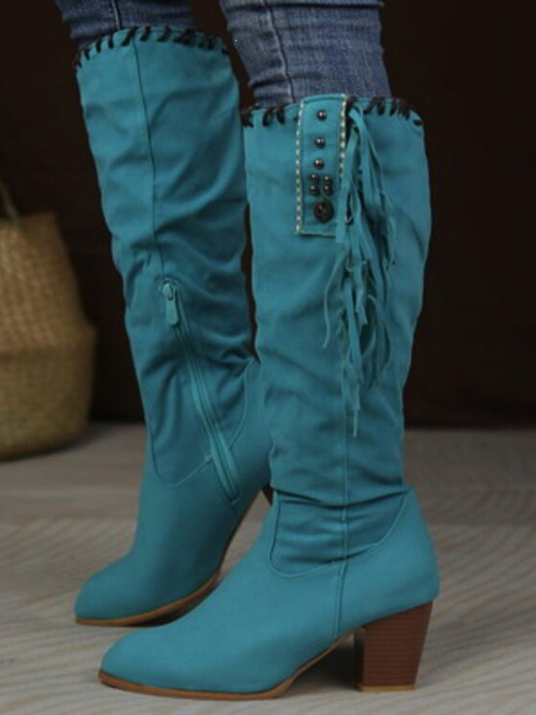 Bottes hautes marron en daim à pompons ethniques et talon épais