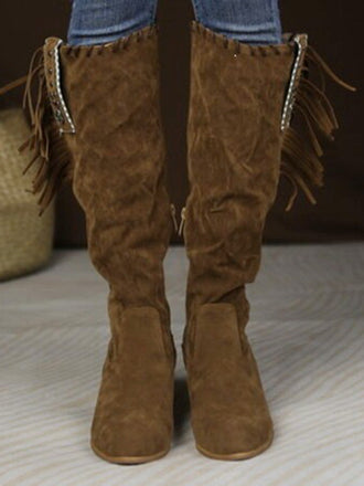 Bottes hautes marron en daim à pompons ethniques et talon épais