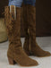 Bottes hautes marron en daim à pompons ethniques et talon épais