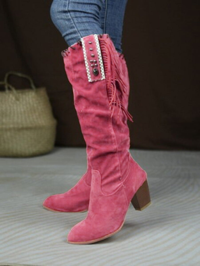 Bottes hautes marron en daim à pompons ethniques et talon épais