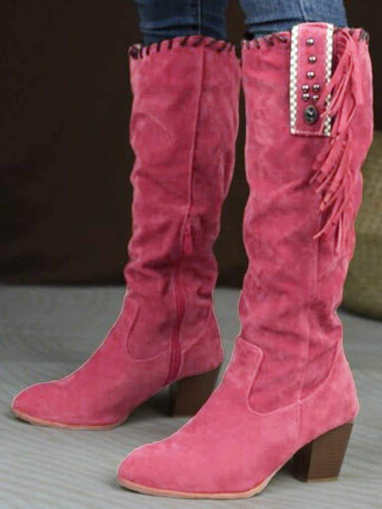 Bottes hautes marron en daim à pompons ethniques et talon épais