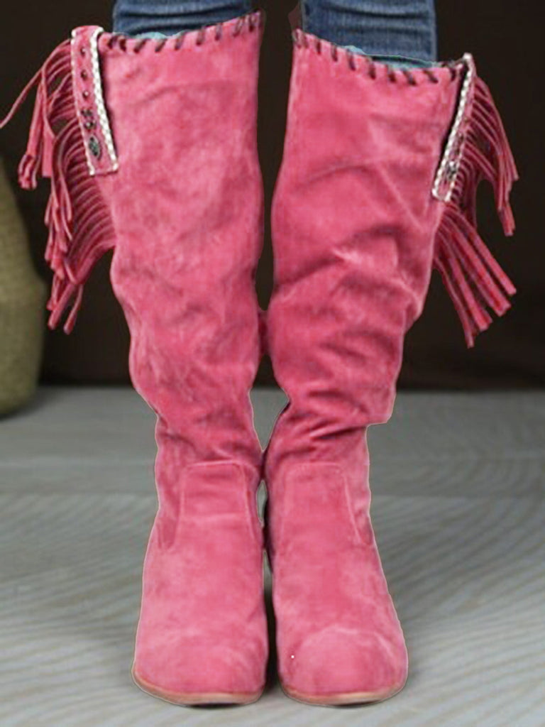 Bottes hautes marron en daim à pompons ethniques et talon épais