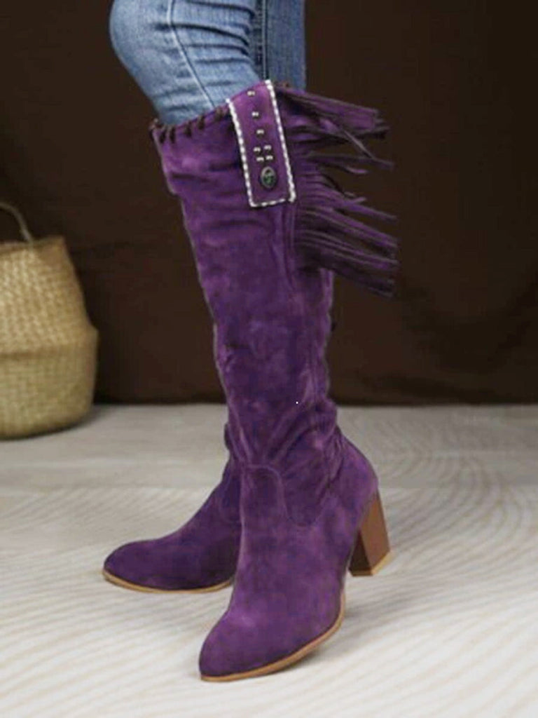 Bottes hautes marron en daim à pompons ethniques et talon épais