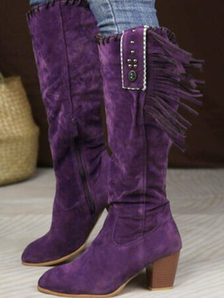 Bottes hautes marron en daim à pompons ethniques et talon épais