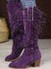 Bottes hautes marron en daim à pompons ethniques et talon épais