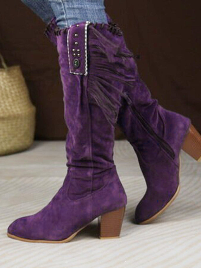 Bottes hautes marron en daim à pompons ethniques et talon épais