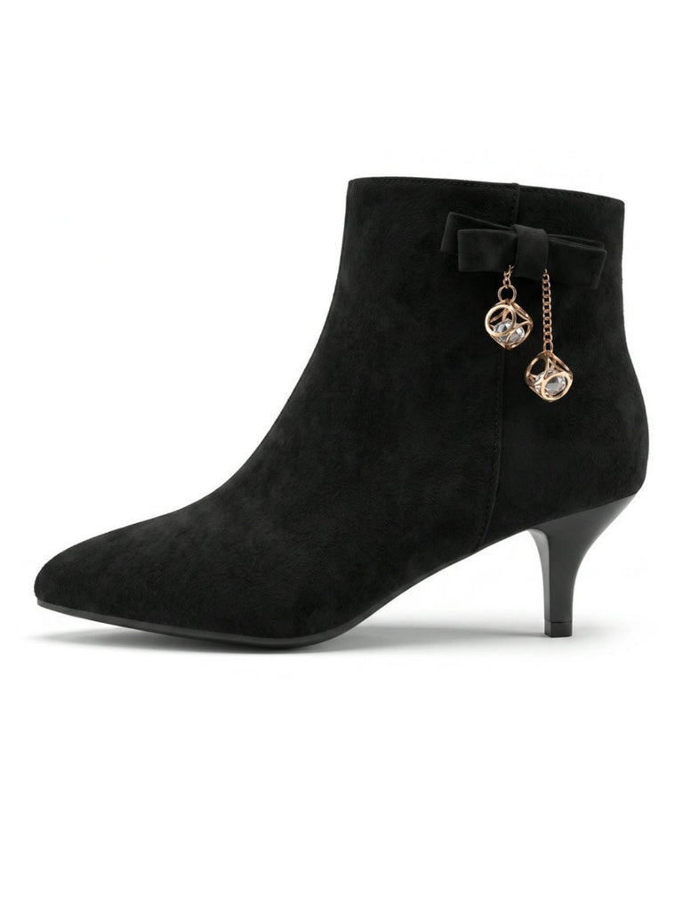 Bottines noires en flanelle à nœud, strass et talon conique