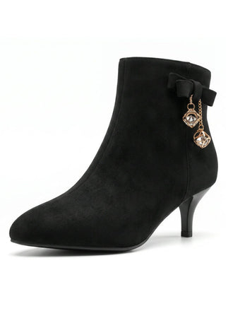 Bottines noires en flanelle à nœud, strass et talon conique