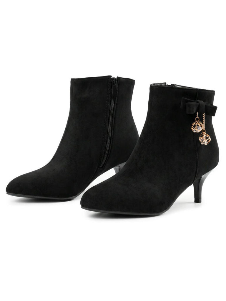 Bottines noires en flanelle à nœud, strass et talon conique