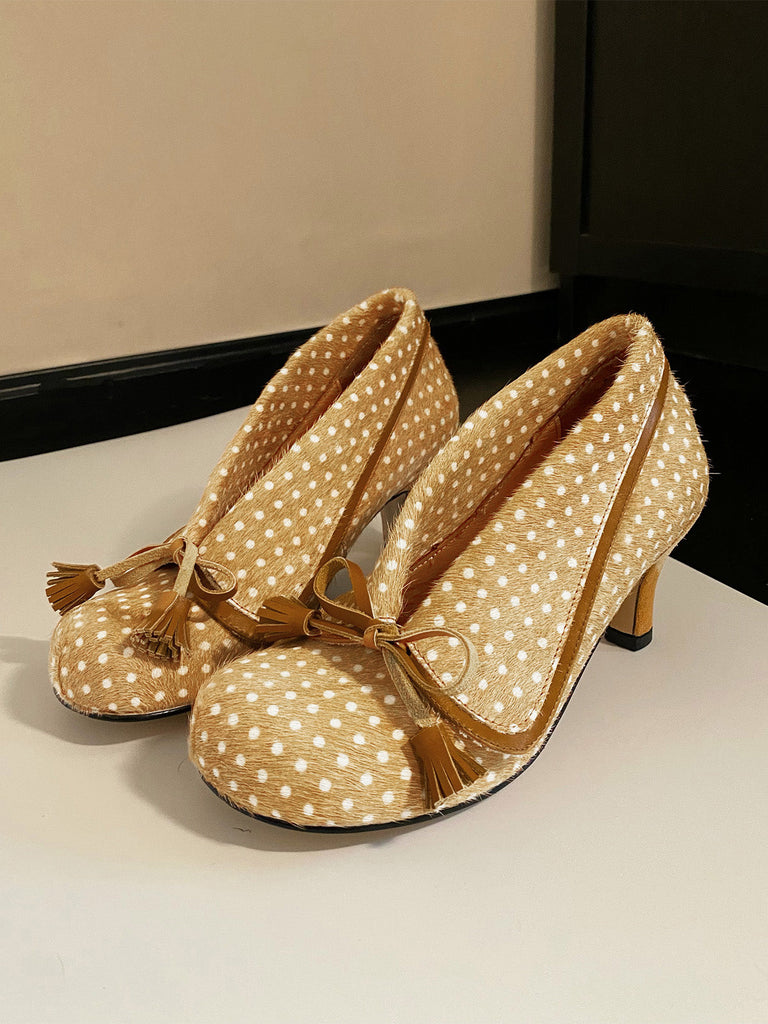 Chaussures à talons hauts vintage à pois, nœud et pampilles - 7