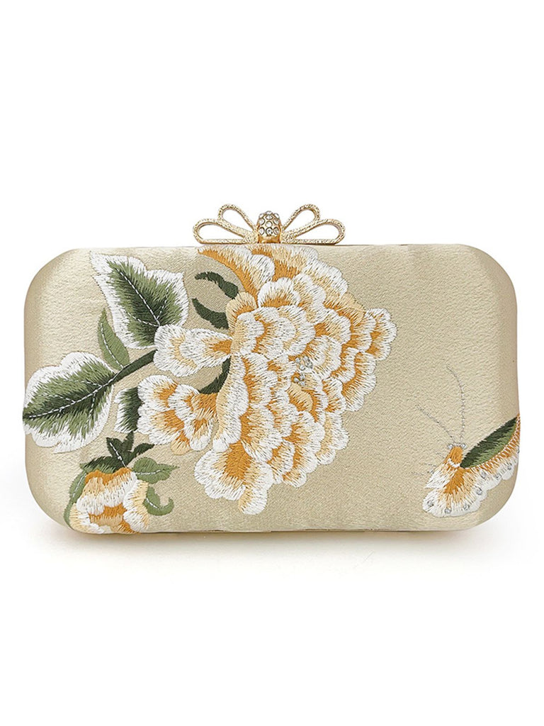 Pochette brodée pivoine vintage dorée