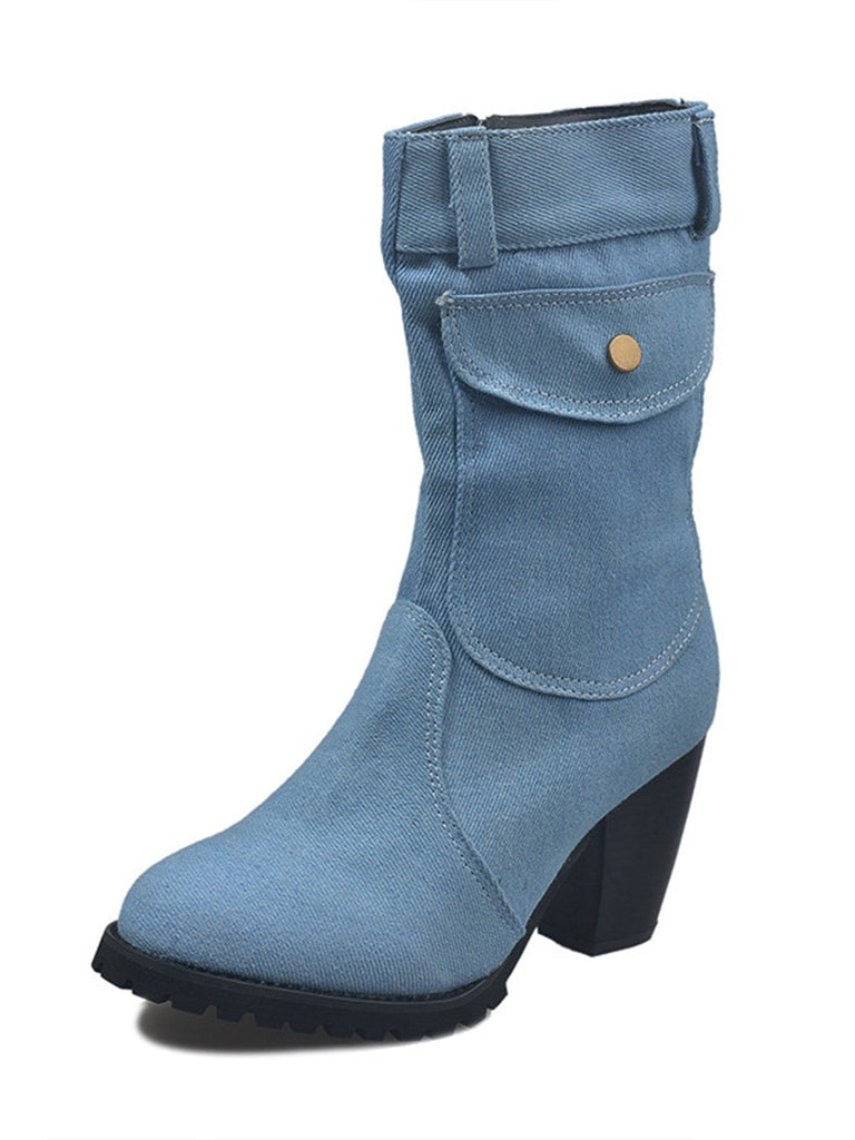 Bottes mi-mollet zippées à bout rond en denim