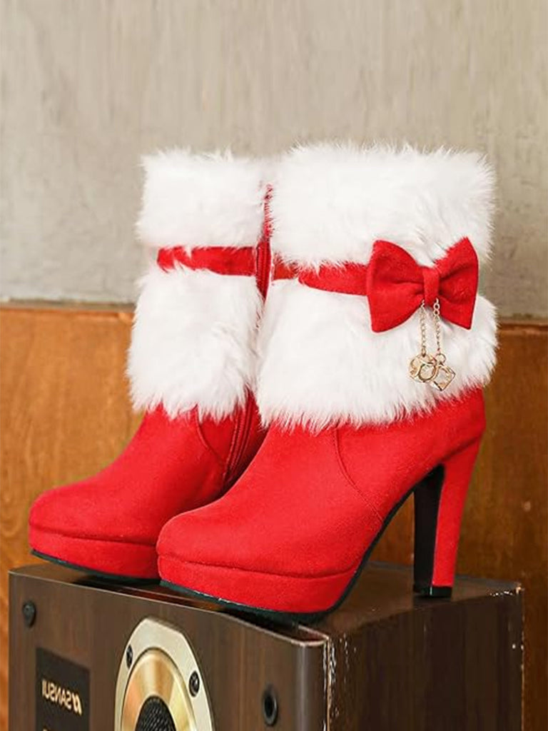 Bottes de Noël à talons épais en flanelle et fourrure avec perles