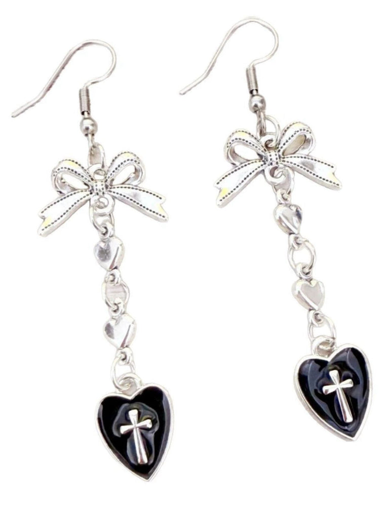 Boucles d'oreilles gothiques en croix de cœur et nœud papillon