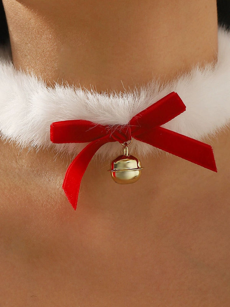 Collier ras-du-cou en peluche avec nœud papillon et clochette de Noël