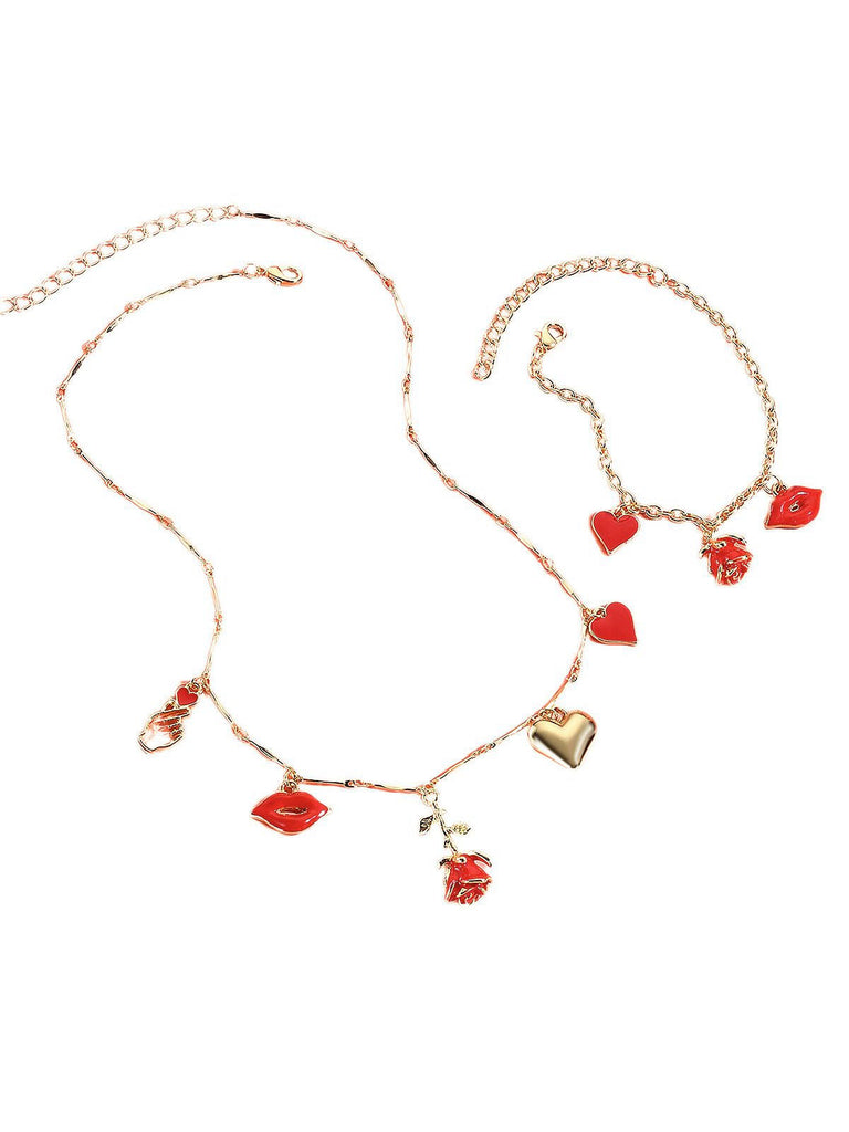 Ensemble collier et bracelet Rose rouge Cœur Lèvres