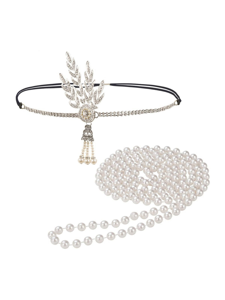 Ensemble Bandeau en Alliage de Plumes et Collier de Perles Gatsby