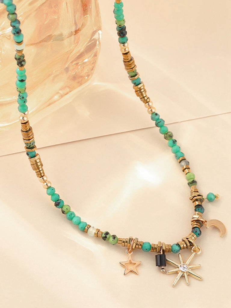 Collier Bohème Étoile Lune Soleil en Perles Turquoise