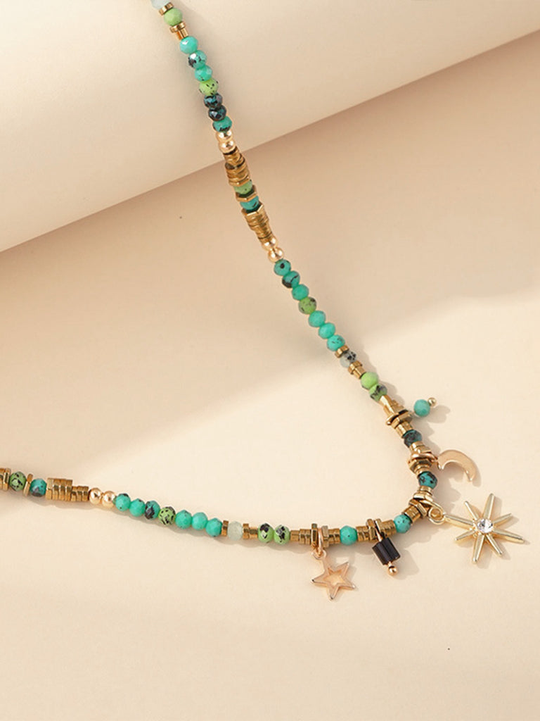 Collier Bohème Étoile Lune Soleil en Perles Turquoise
