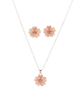 Ensemble Collier et Boucles d'Oreilles Rose à Pendentif Fleur en Cristal