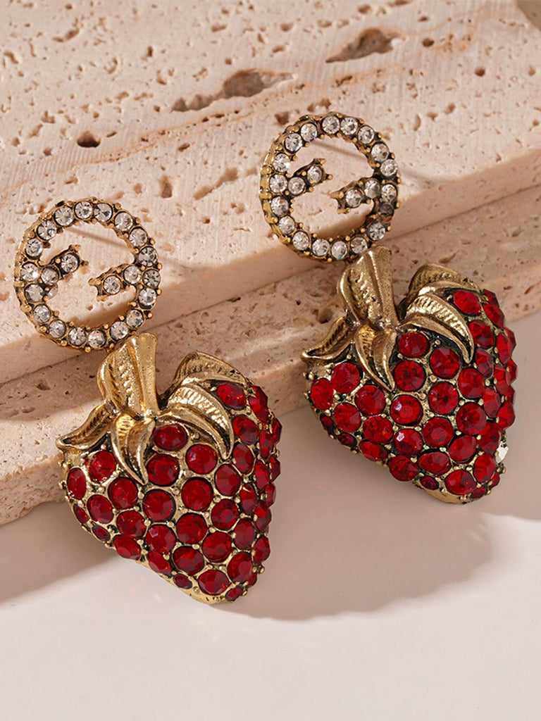 Boucles d'Oreilles Fraise Métal Strass Rouge