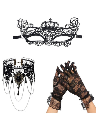 3PCS Masques de Mascarade Gothique en Dentelle Noire