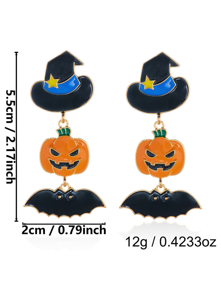 Boucles d’oreilles émaillées d’Halloween à citrouille, chapeau de sorcier, chauve-souris et bonbon