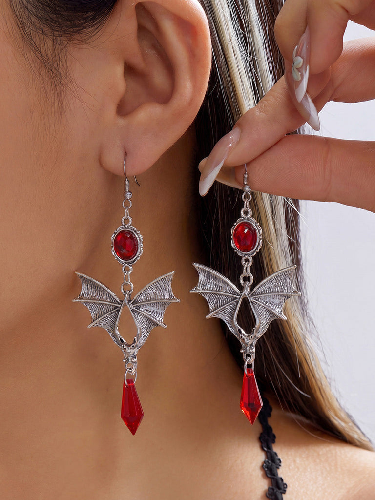 Boucles d'Oreilles Pendantes Gothiques en Argent avec Chauve-Souris et Pierres Précieuses