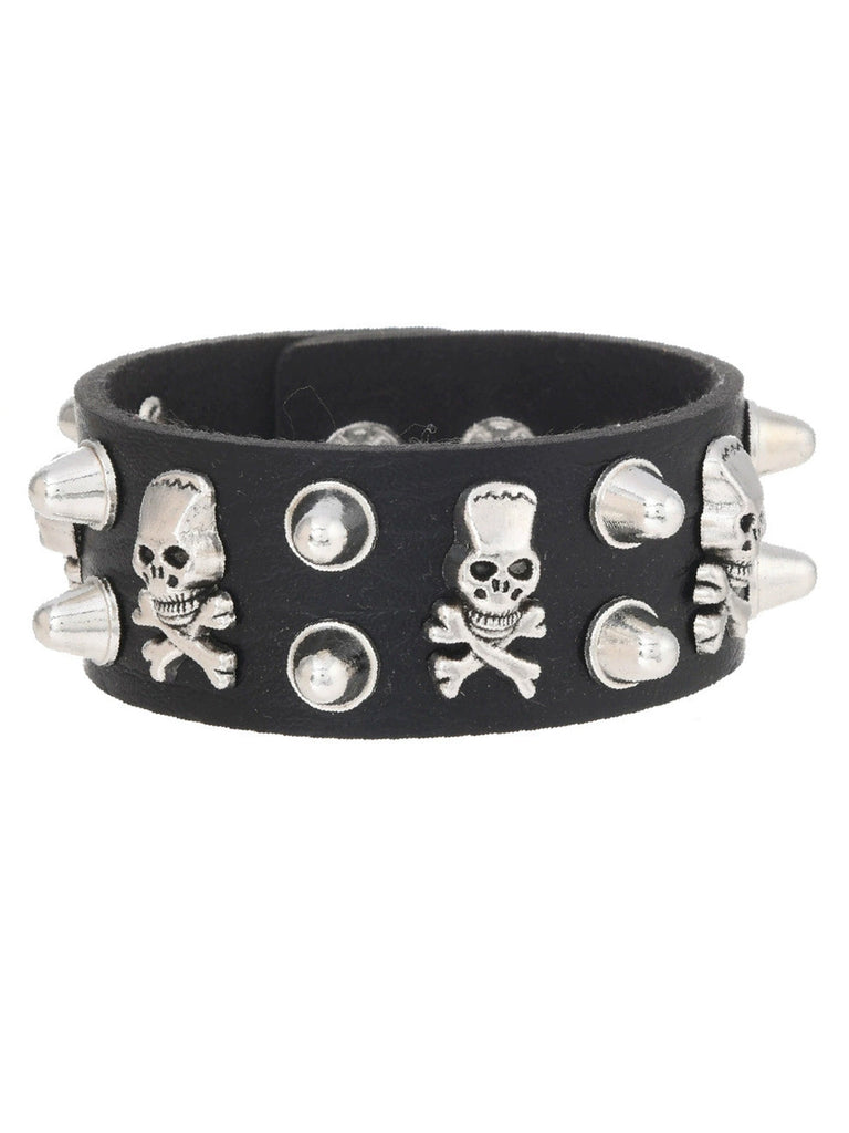 Bracelet manchette punk en cuir clouté à crâne