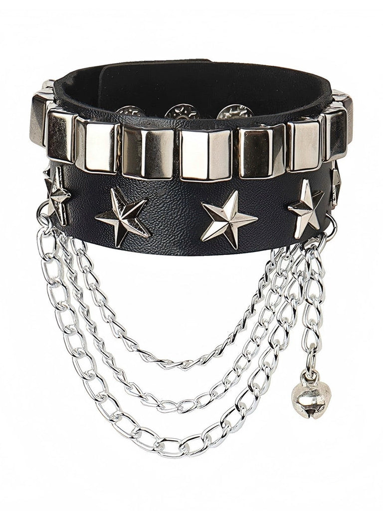 Bracelet noir en cuir à étoiles cloutées et chaînes superposées - 1