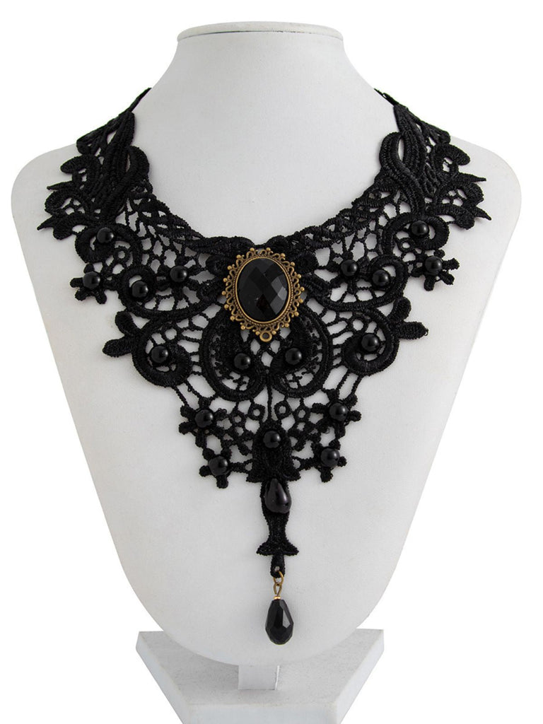 Collier ras-de-cou gothique victorien en dentelle avec pendentif en pierre